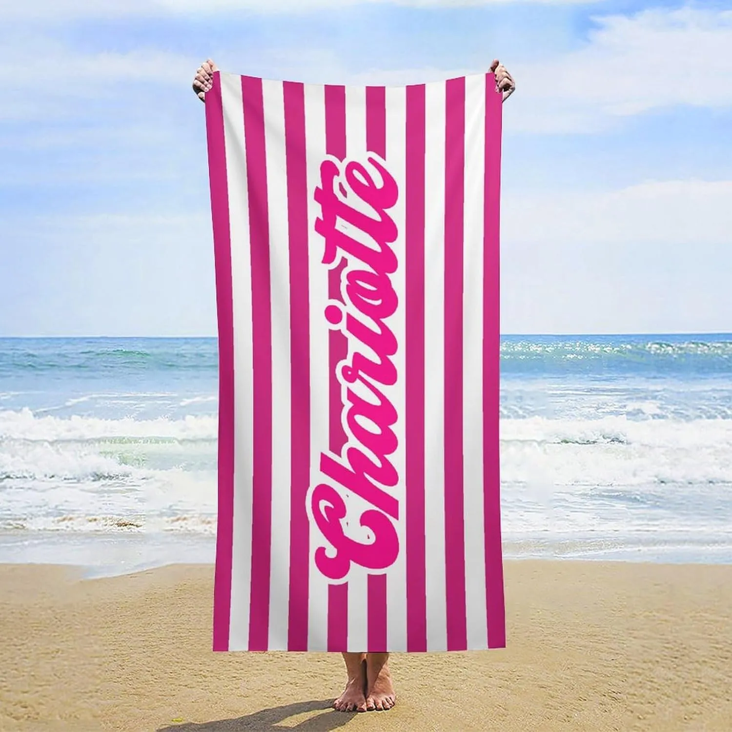 Personalized Striped Beach Towels for Toddler Girl Boys Gift Custom Neon and White Names Pool Towel Designer Fast Drying Monogrammed Cabana Beach Towels for Toddler Boy Bathroom
