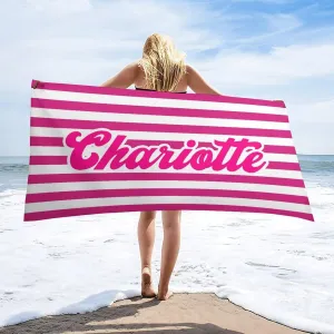 Personalized Striped Beach Towels for Toddler Girl Boys Gift Custom Neon and White Names Pool Towel Designer Fast Drying Monogrammed Cabana Beach Towels for Toddler Boy Bathroom