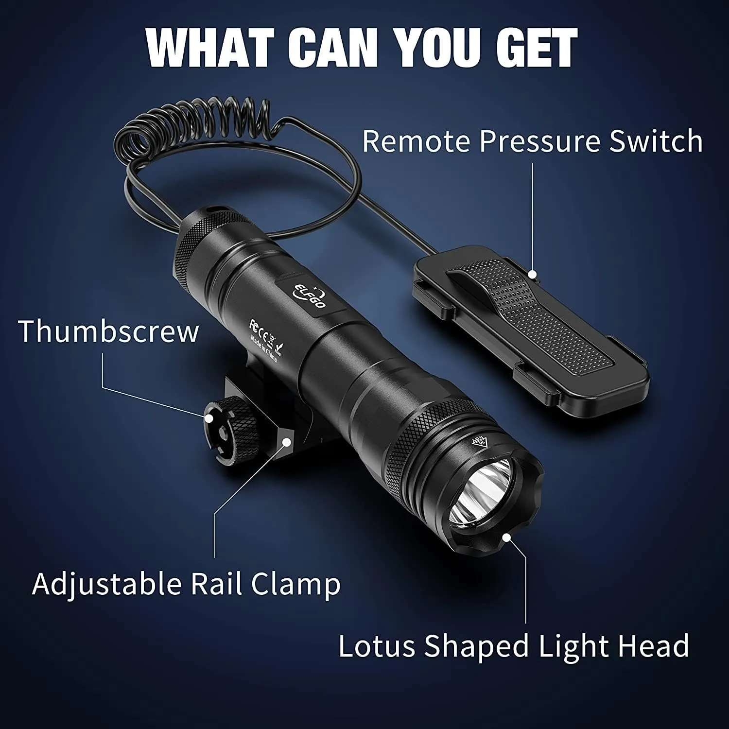 Picatinny LED Tactical Rifle Flashlight with Remote Pressure Switch - 1250 Lumens IPX66 Protection, Rail Mounted Light for Outdoor Use
