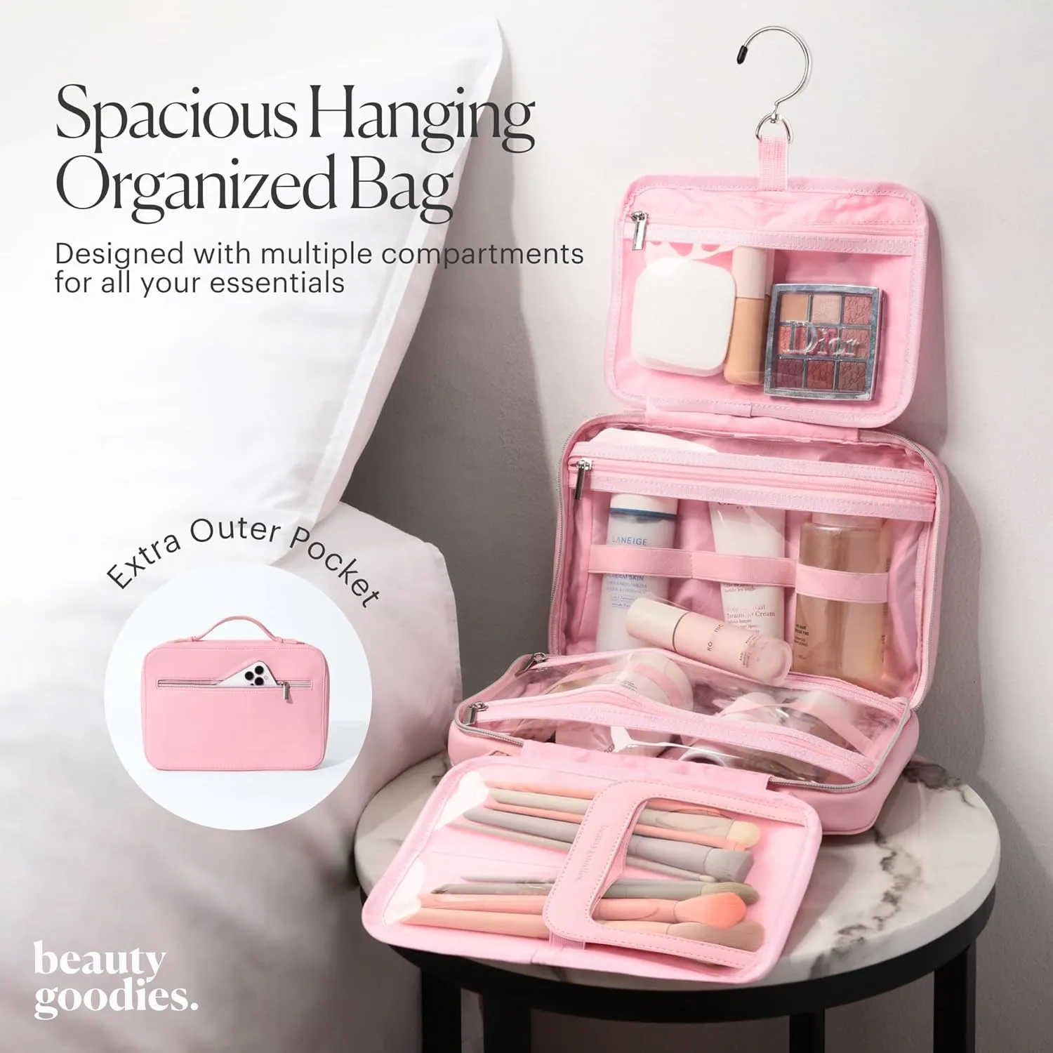 Pink Hanging Toiletry Bag for Women, Travel Toiletry Bag for Makeup, Clear Bags for Easy Packing, Bag for Toiletries, Flight Curise Roadtrip Bag to Hold and Hang even at Home.
