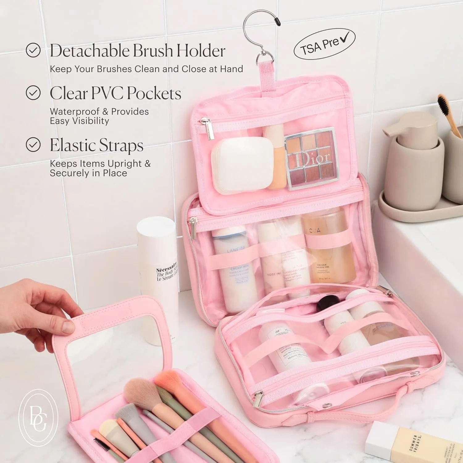 Pink Hanging Toiletry Bag for Women, Travel Toiletry Bag for Makeup, Clear Bags for Easy Packing, Bag for Toiletries, Flight Curise Roadtrip Bag to Hold and Hang even at Home.