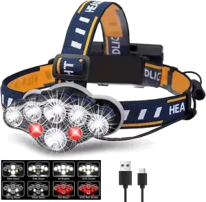 Pocketman 8 LED Headlamp 8 Modes Head Torch with COB Red Warning Light Super Bright USB Rechargeable IPX5 Waterproof Head Torch for Camping Fishing Jogging Hiking Outdoor Work