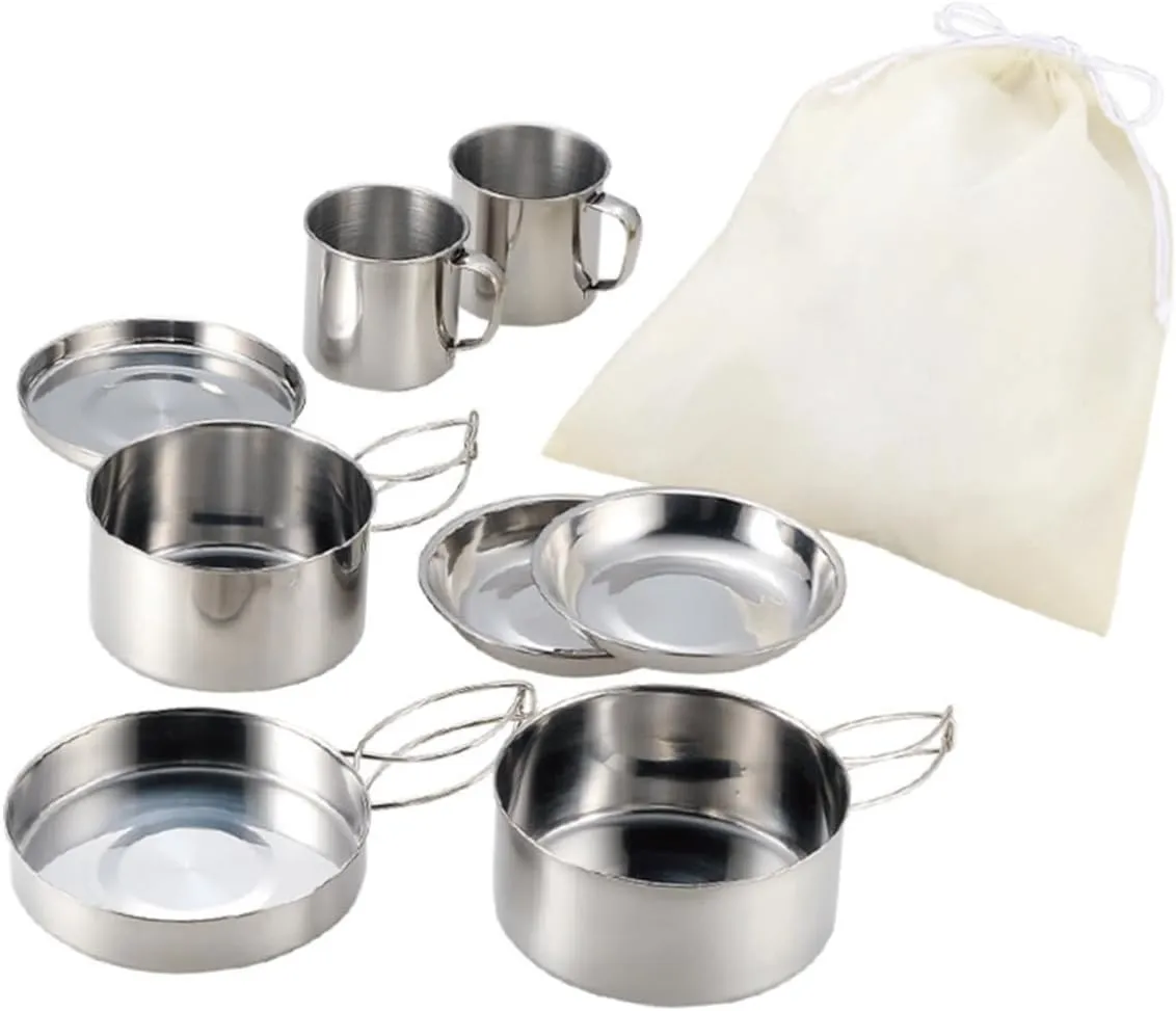 POPETPOP Camping Cookware Set Stainless Steel Mess Kit Portable Pot Pan for Outdoor Activities Hiking BBQ Picnic