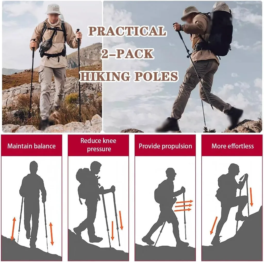 Portable Adjustable Trekking Poles, 2 Pack Walking Sticks with Outer Lock, Safety Tungsten Steel Pole Tip, with Wrist Strap
