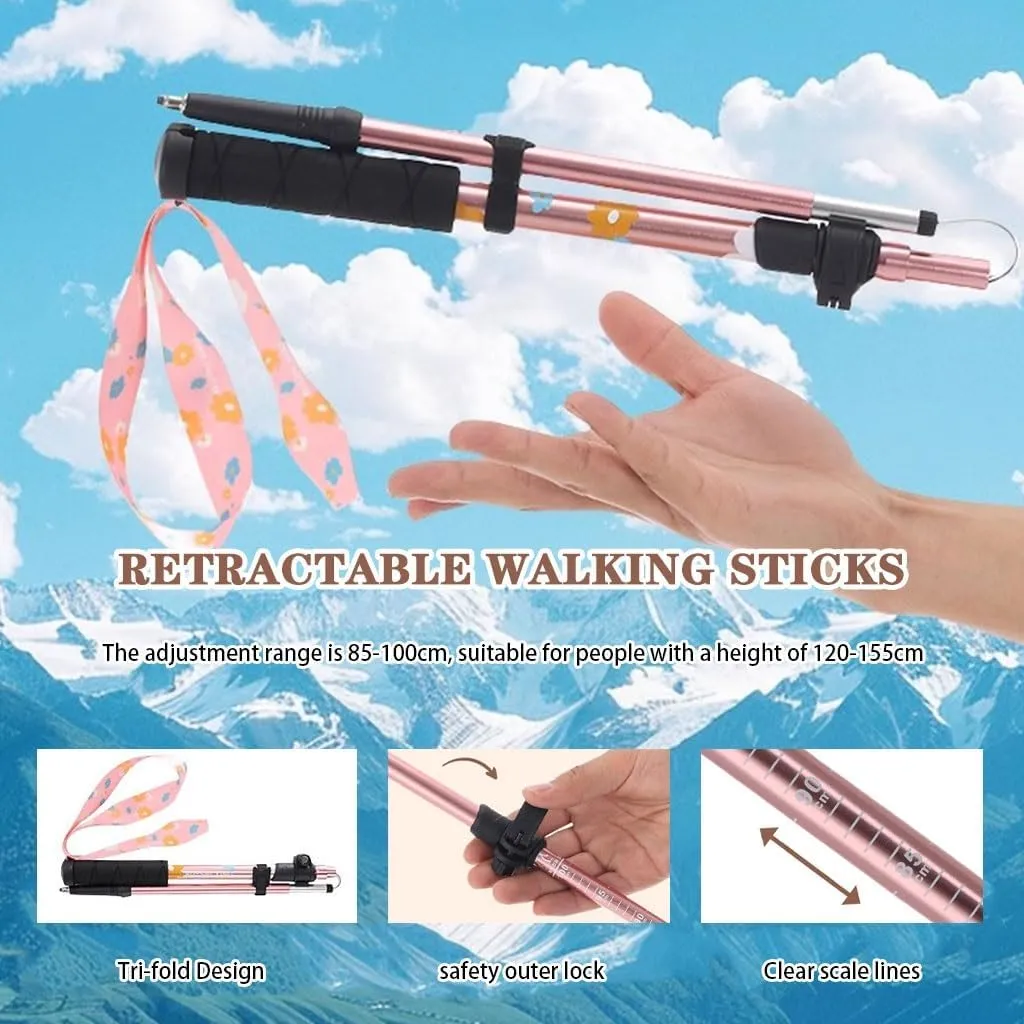 Portable Adjustable Trekking Poles, 2 Pack Walking Sticks with Outer Lock, Safety Tungsten Steel Pole Tip, with Wrist Strap