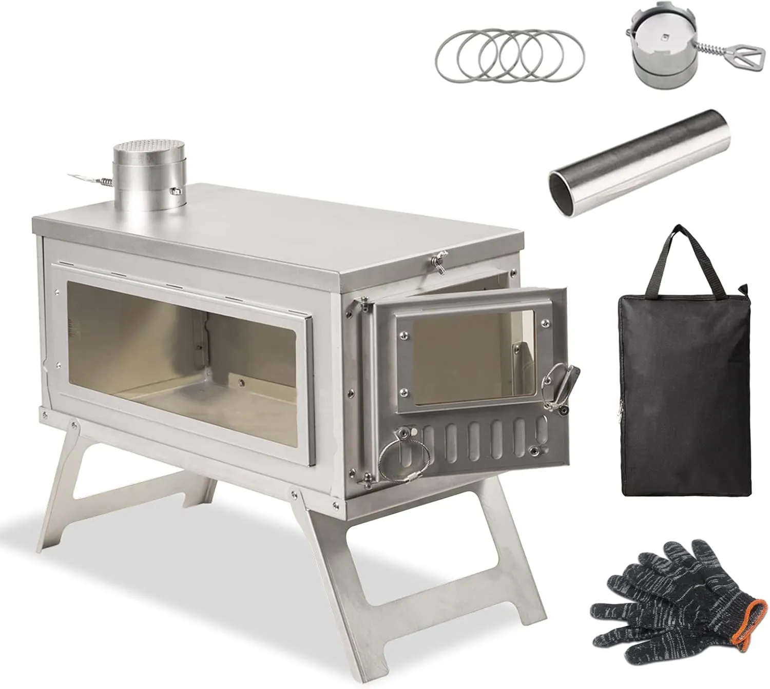 Portable Backpacking Stove Wood Burning Camp Stove with 8.2ft Storable Chimney and Adjustable Smoke Vent for Camping, Ice-fishing, Cookout, Hiking, Travel, Ultralight Wood Stove
