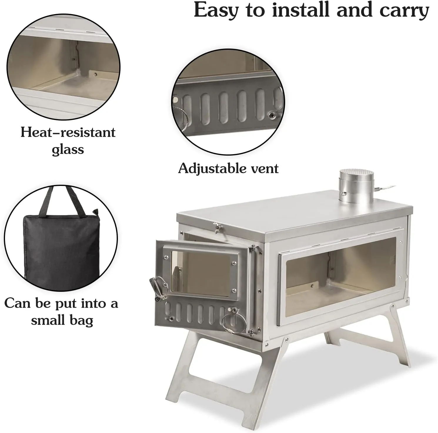 Portable Backpacking Stove Wood Burning Camp Stove with 8.2ft Storable Chimney and Adjustable Smoke Vent for Camping, Ice-fishing, Cookout, Hiking, Travel, Ultralight Wood Stove