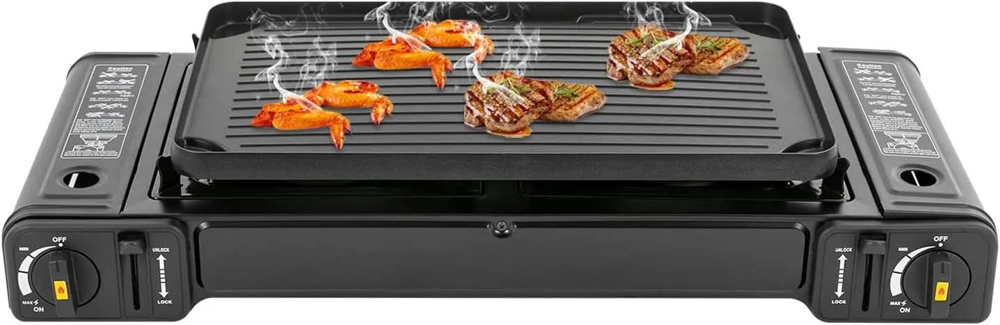 Portable Butane Stove, Double Burner Camping Stove with Carrying Case Auto Ignition Camping Butane Burner for RV, Apartments, Outdoor Traveling (With Grill Tray)