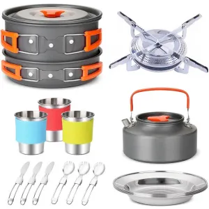 Portable Camping Cookware Kit with Gas Stove - Outdoor Tableware Set for Picnic BBQ