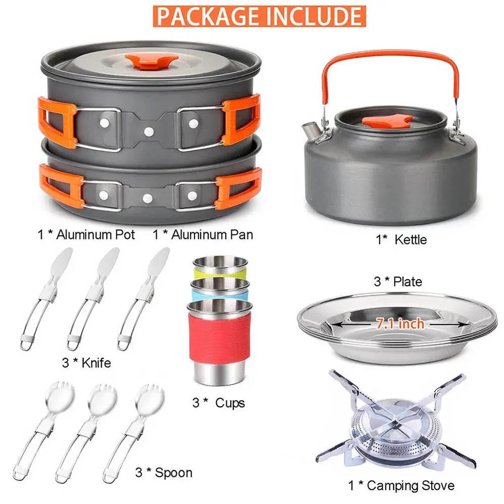 Portable Camping Cookware Kit with Gas Stove - Outdoor Tableware Set for Picnic BBQ