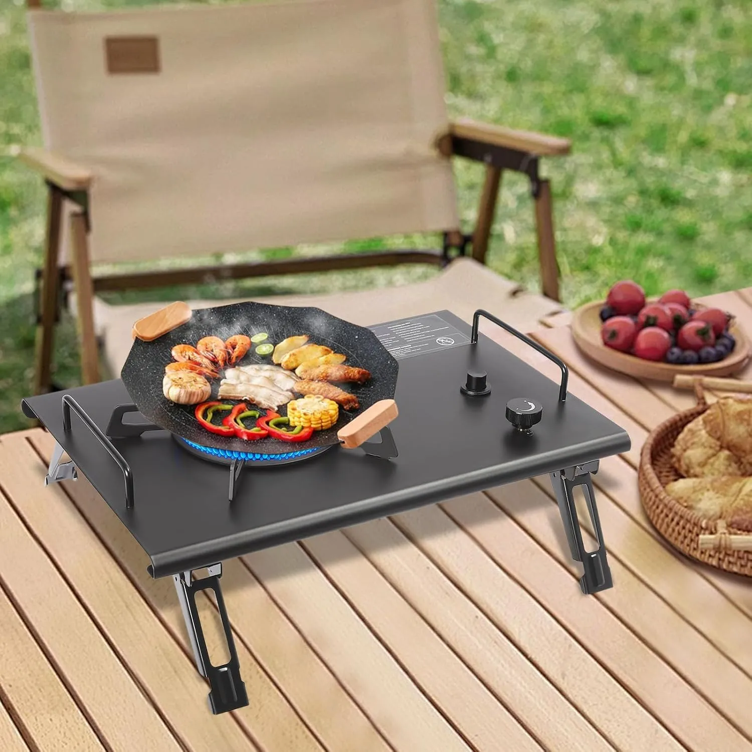 Portable Camping Stove, 13,648 BTU, Gas Stove with 4 Foldable Legs, Single-Burner Butane&propane Camp Stove, Electronic Ignition Outdoor Camping Cooking Stove, 14.17in, Black