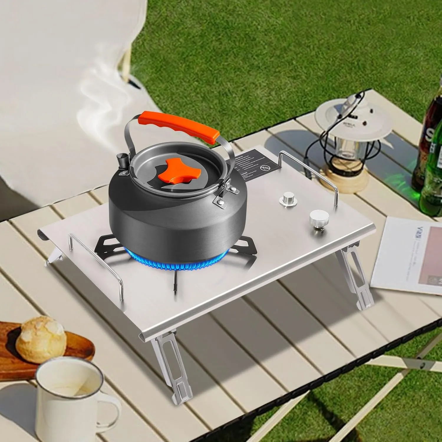 Portable Camping Stove Butane & Propane Gas Stove Folding Stove 2.7KW 13,648 BTU Foldable Electronic Ignition Outdoor Camping Cooking Stove Gas Burners for Camping Hiking BBQ (Silver)