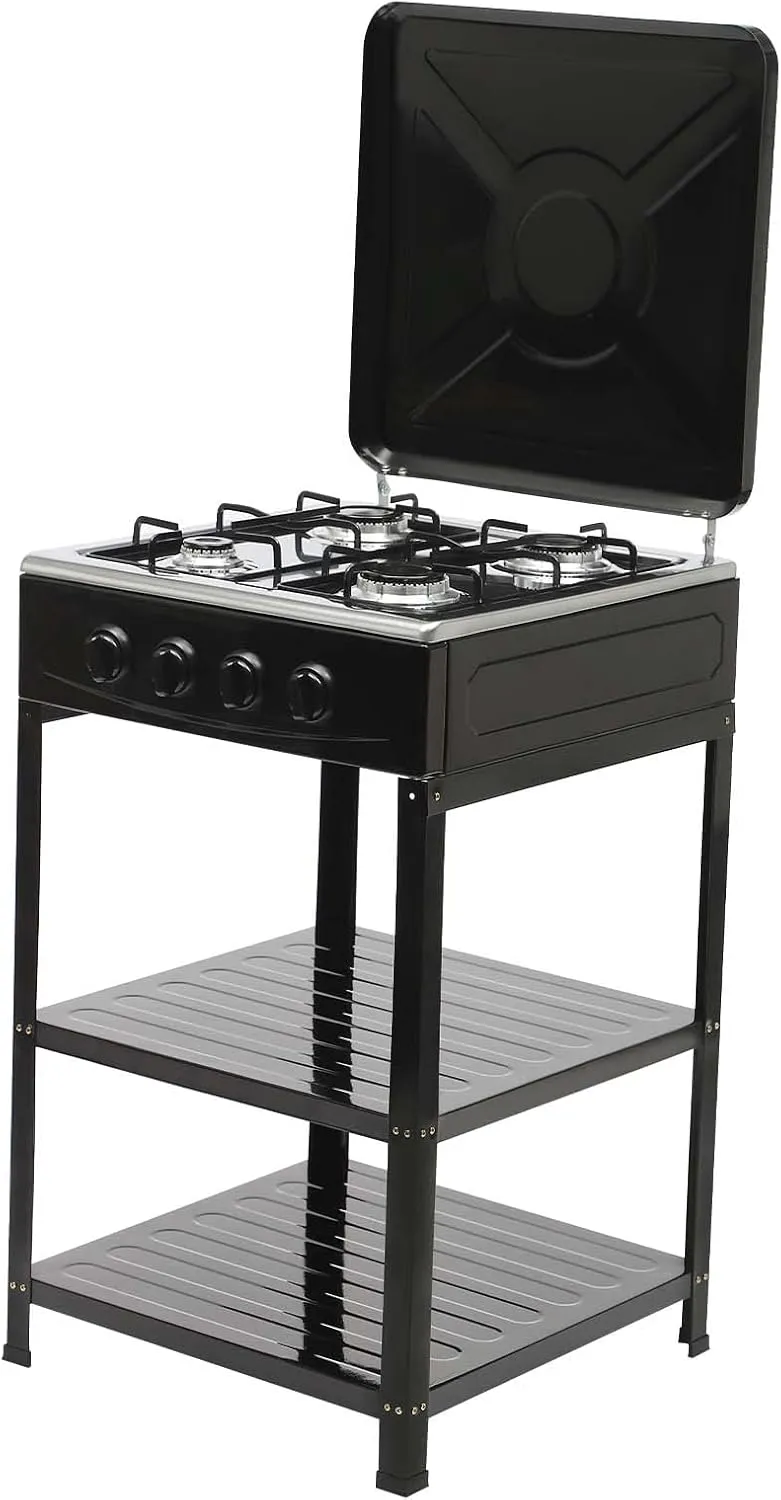 Portable Camping Stove, Gas Stove 4 Burner Camp Stoves with Support Leg Stand and Wind Blocking Cover Adapter Manual Ignition Camping Stove for Home Use Black