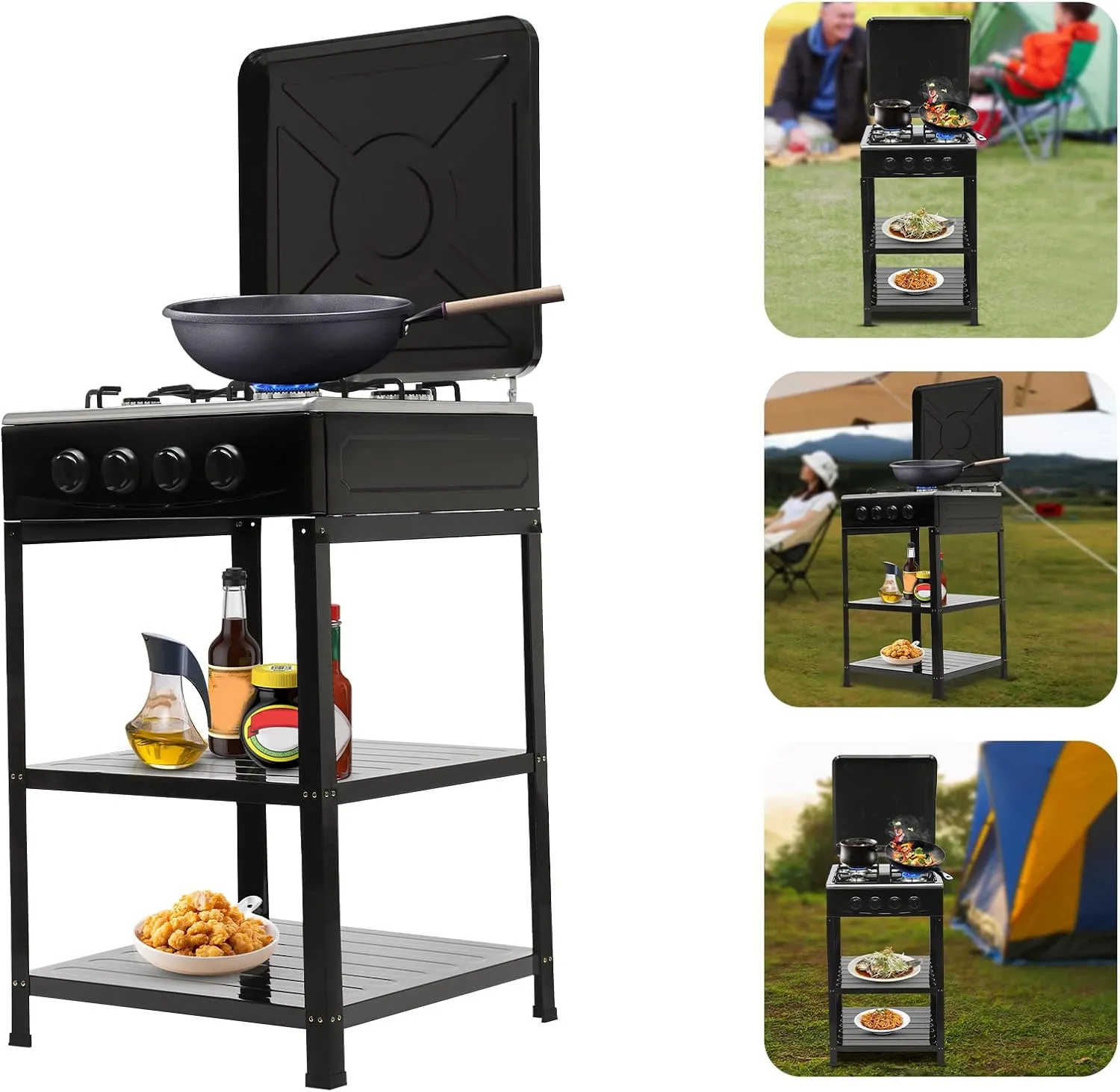 Portable Camping Stove, Gas Stove 4 Burner Camp Stoves with Support Leg Stand and Wind Blocking Cover Adapter Manual Ignition Camping Stove for Home Use Black