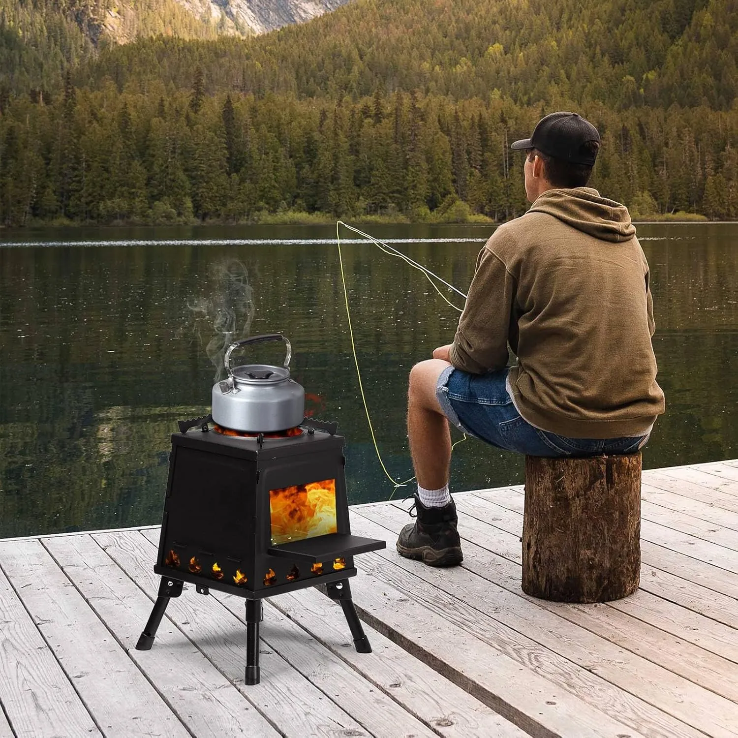 Portable Camping Stove, Multifunction Rocket Stove, Alloy Steel Charcoal Stove, Rocket Stove Heater w/Storage Bag & Accessories Outdoor Stove for Fishing Picnic 14.17"D x 14.17"W x 18.31"H (Black)