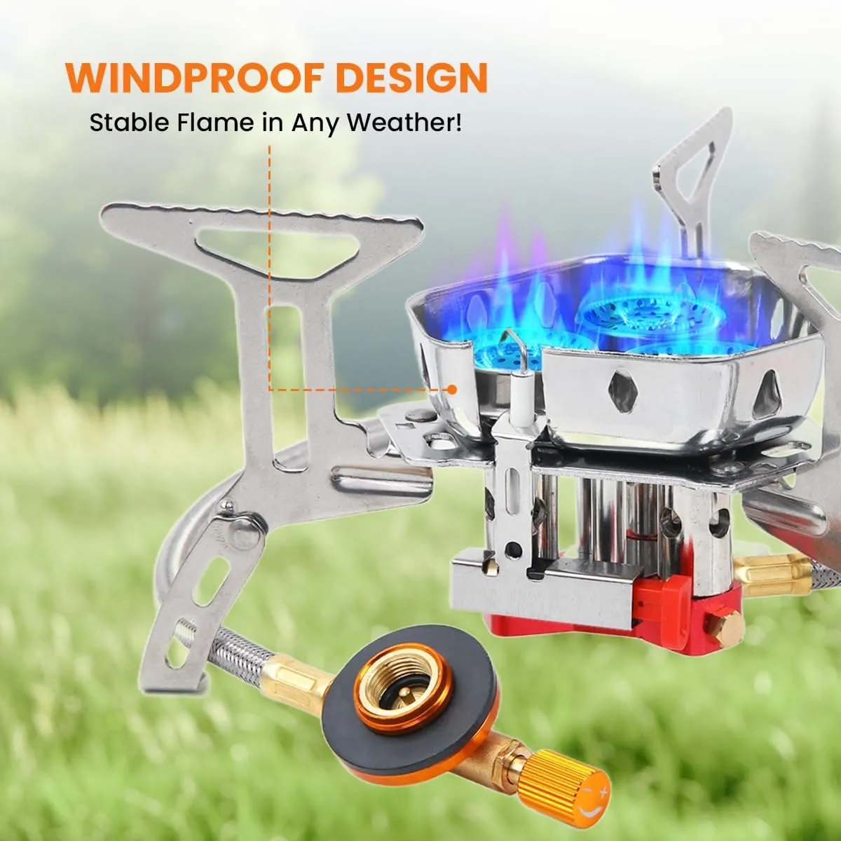 Portable Camping Stove with Propane Adapter - GEEKHOM 6800W Windproof Gas Stove Foldable Backpacking Stove, Piezo Ignition & Stable Pot Support for Outdoor Cooking Hiking