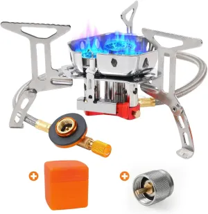 Portable Camping Stove with Propane Adapter - GEEKHOM 6800W Windproof Gas Stove Foldable Backpacking Stove, Piezo Ignition & Stable Pot Support for Outdoor Cooking Hiking