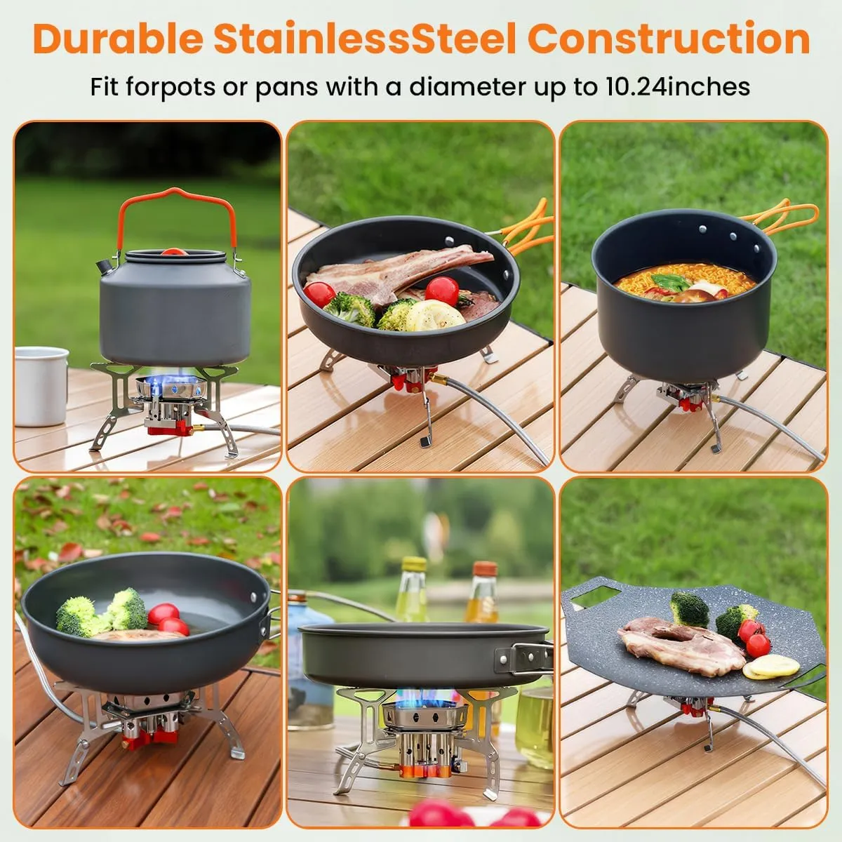 Portable Camping Stove with Propane Adapter - GEEKHOM 6800W Windproof Gas Stove Foldable Backpacking Stove, Piezo Ignition & Stable Pot Support for Outdoor Cooking Hiking
