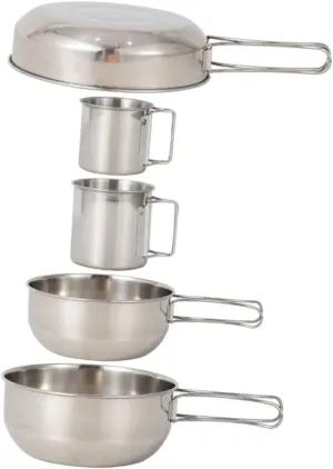 Portable Camping Tableware 5pcs Stainless Steel Cup Pot Set for Hiking