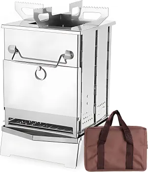 Portable Camping Wood Burning Stove Small Stainless Steel Tent Stove with Ash Plate Removable Stable Base Backpacking Woodstove Storage Bag Hiking