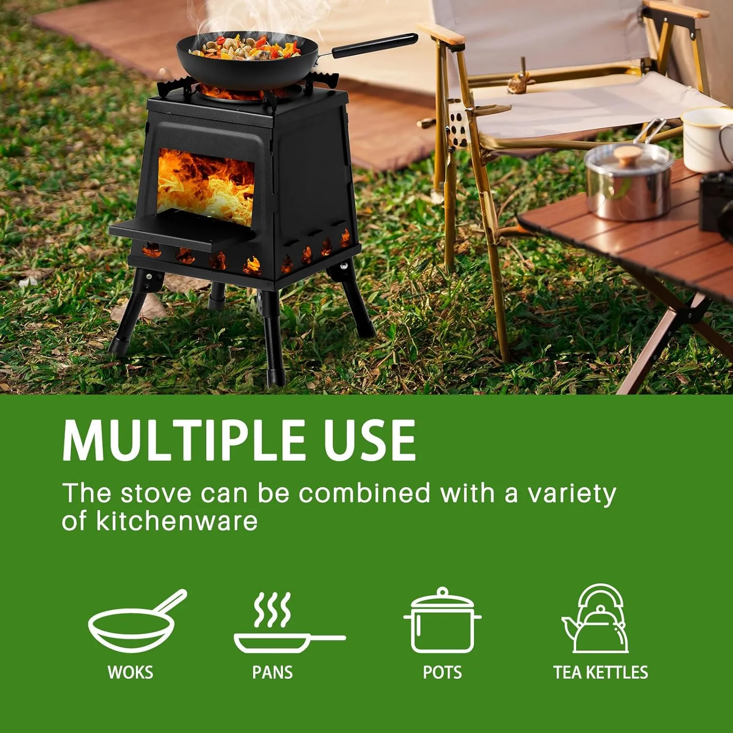 Portable Camping Wood Burning Stoves Detachable Campfire Stove Lightweight Stove for Picnic Hunting Fishing BBQ Backpacking Hiking Survival Heating Emergency Cooking Outdoor with Grill Grid Carry Bag