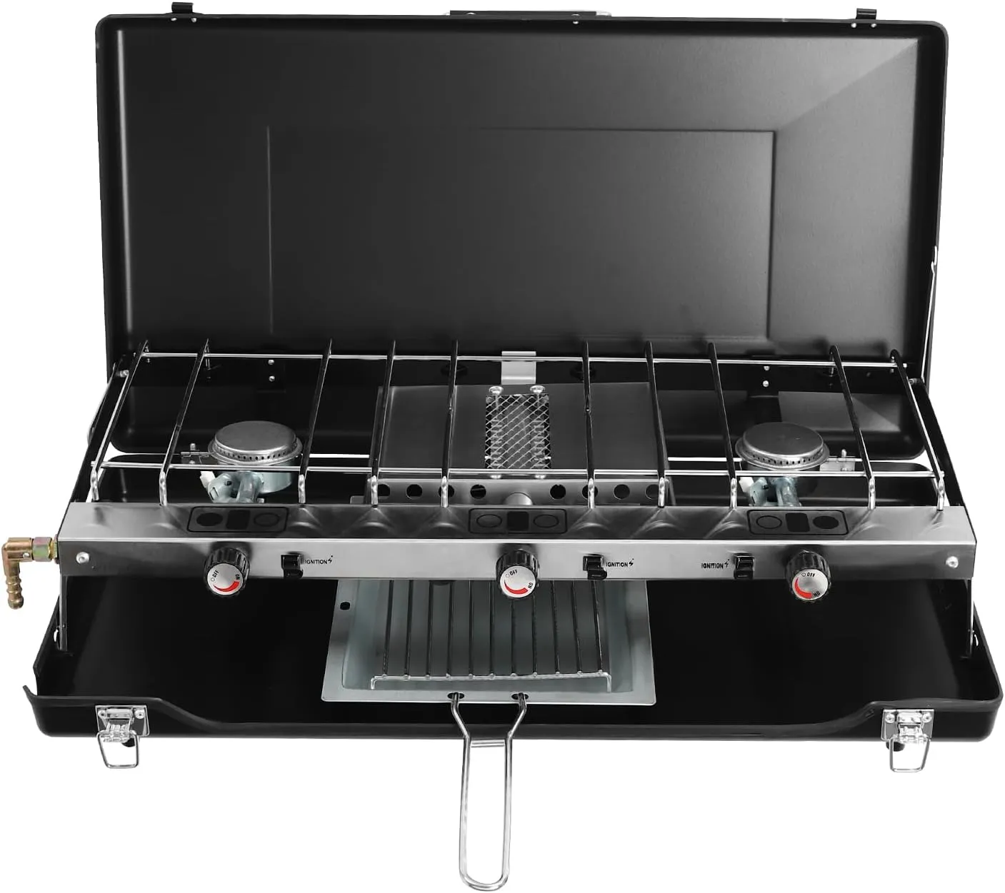 Portable Collapsible Camping Stove with Built-in Carry Handle, Portable Camping Grill, Outdoor Cooking Stove with 3 Burners and Latch for Car Camping, Barbecuing, Picnic Cooking, Black