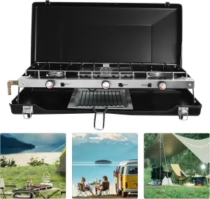Portable Gas Camping Stove Cooking Stove, One-piece Structure Multifunctional Foldable 3-Burner 4.5KW Piezo Ignition Camping Stove Propane Camping Stove Butane Stove Perfect for Camping, Hiking