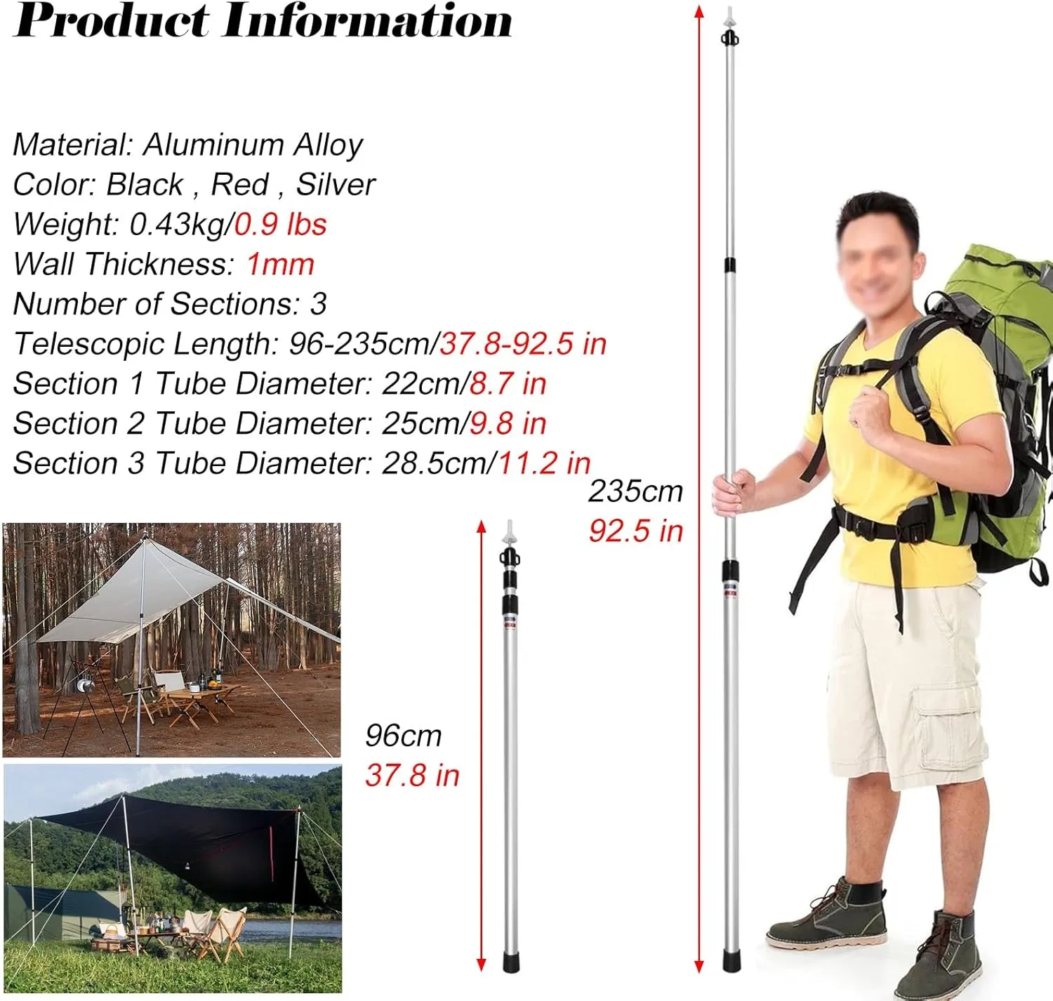 Portable Telescoping Tarp Poles, Aluminum Alloy Adjustable Length Tent Poles with Non-Slip Silicone Feet Covers, Lightweight Awning Poles for Rain Fly(Black)