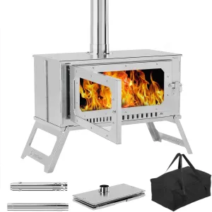 Portable Tent Stove, Hot Tent Stove with View Glass, Wood Burning Stove for Camping, Large Stainless Steel Camping Stove with 5 Chimney Pipes for Outdoor Heating and Cooking