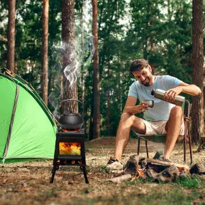 Portable Wood Burning Camp Stove, Cast Iron Outdoor Wood Stove with Carrying Case, Multi-Function Compact Camping Stove for Backpacking, Fishing, and Picnic Cooking, Efficient Black Woodburning Stove