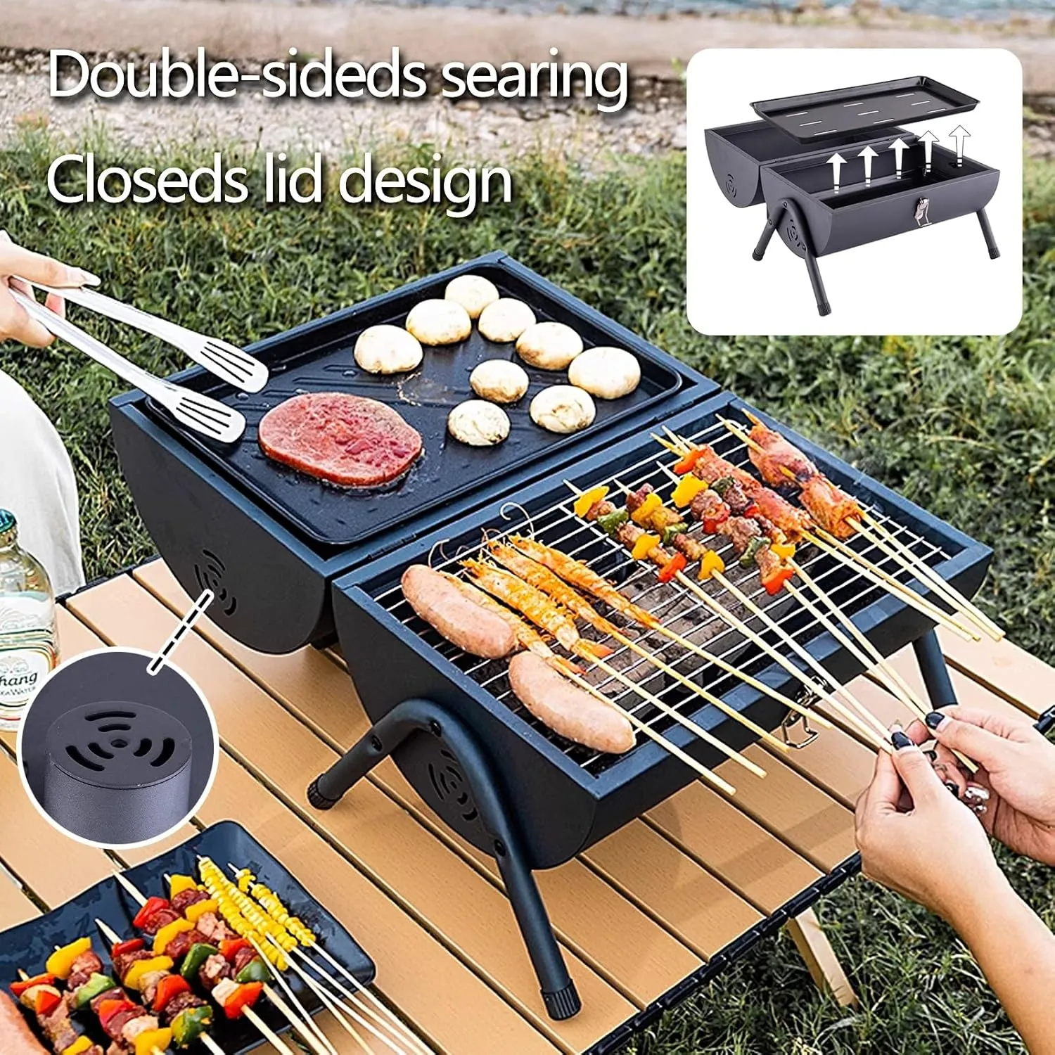 Portable Wood Burning Stove, Camp Stoves for Camping with Handle and Lid, Double Sided Grilling Area with Temperature Display, for Camping Traveling Barbecuing(Gray)