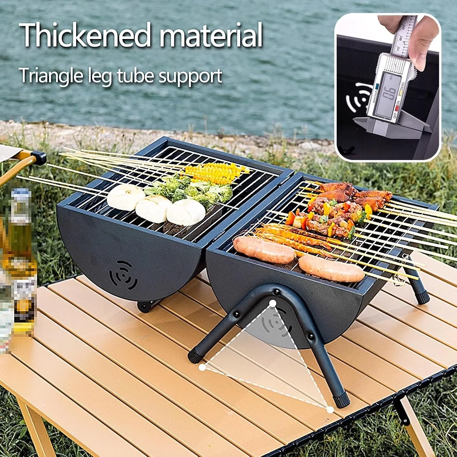 Portable Wood Burning Stove, Camp Stoves for Camping with Handle and Lid, Double Sided Grilling Area with Temperature Display, for Camping Traveling Barbecuing(Gray)
