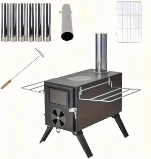 Portable Wood Stove, Hot Tent Stove, Carbon Steel Camping Wood Stove for Camping, Ice Fishing, Hunting