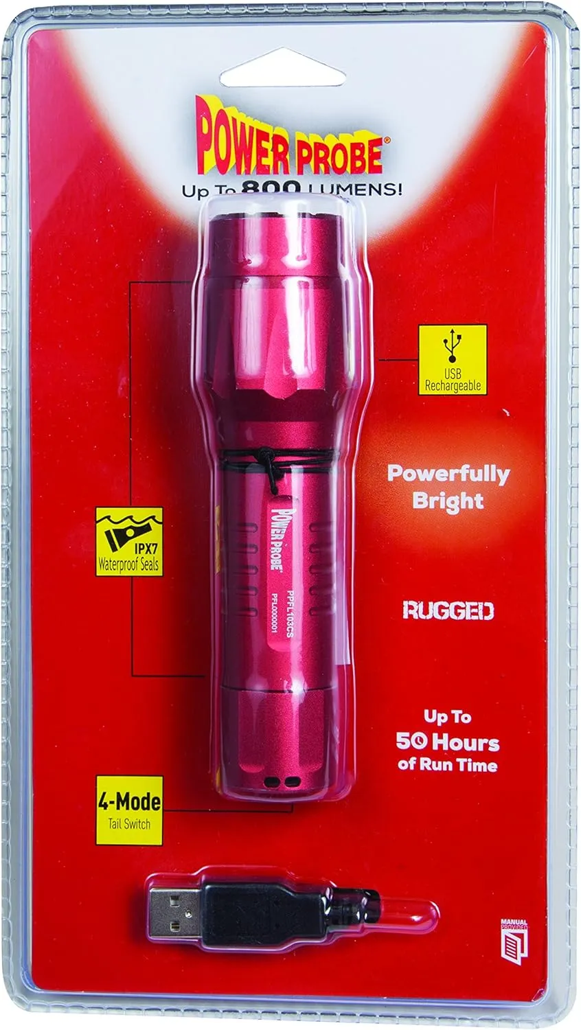 Power Probe Flashlight - Red (PPFL101CS) [Diagnostic Car Test Tool, 800 Lumens LED Bulb, 4 Mode Tail Switch, Waterproof, Heavy Duty Aluminum Housing]