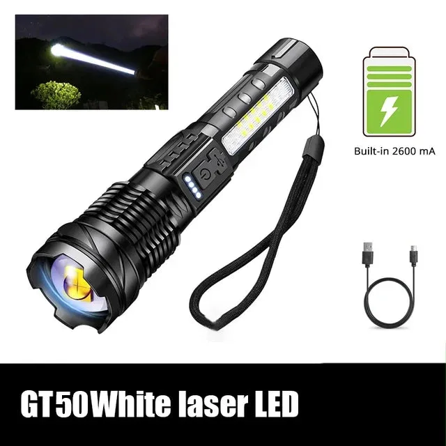 Powerful LED Flashlight with Side Light, XHP70 High Beam, 7 Modes, USB Rechargeable, Waterproof 18650 Torch for Camping and Fishing
