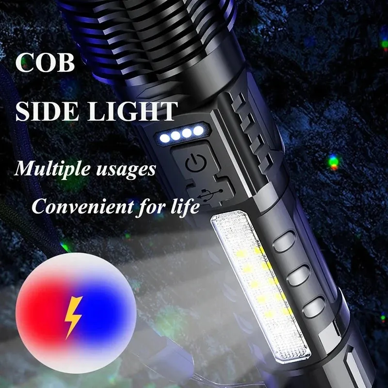 Powerful LED Flashlight with Side Light, XHP70 High Beam, 7 Modes, USB Rechargeable, Waterproof 18650 Torch for Camping and Fishing