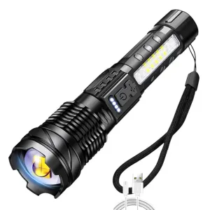 Powerful LED Flashlight with Side Light, XHP70 High Beam, 7 Modes, USB Rechargeable, Waterproof 18650 Torch for Camping and Fishing