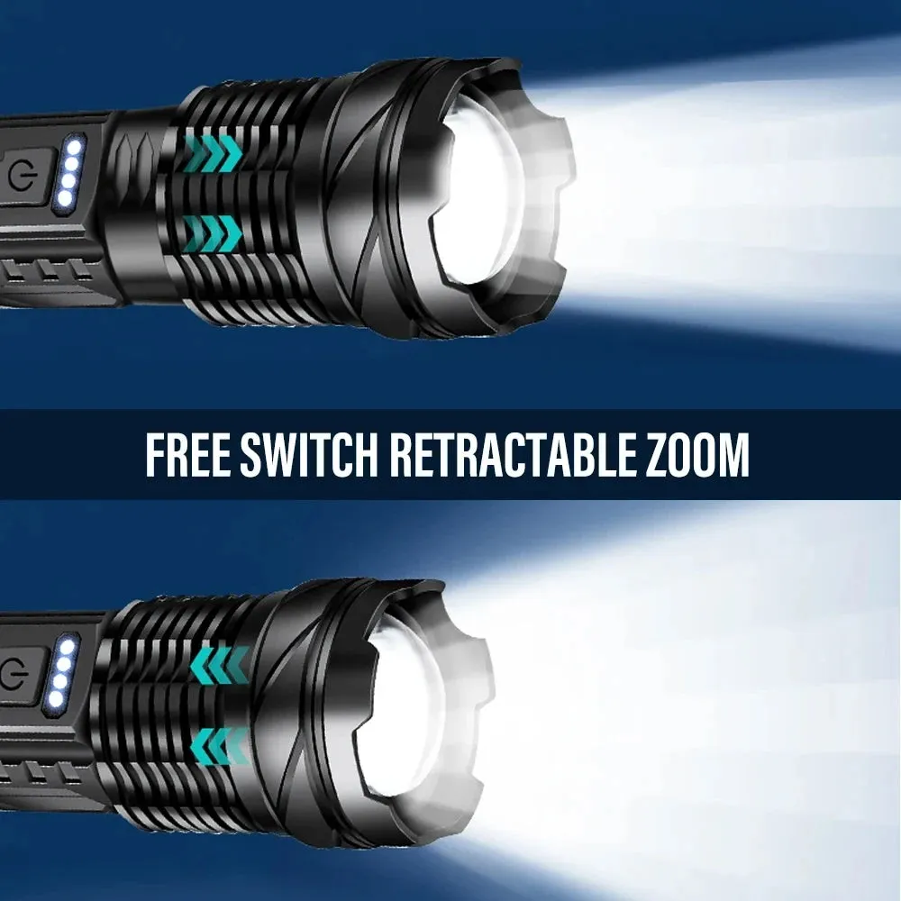 Powerful LED Flashlight with Side Light, XHP70 High Beam, 7 Modes, USB Rechargeable, Waterproof 18650 Torch for Camping and Fishing