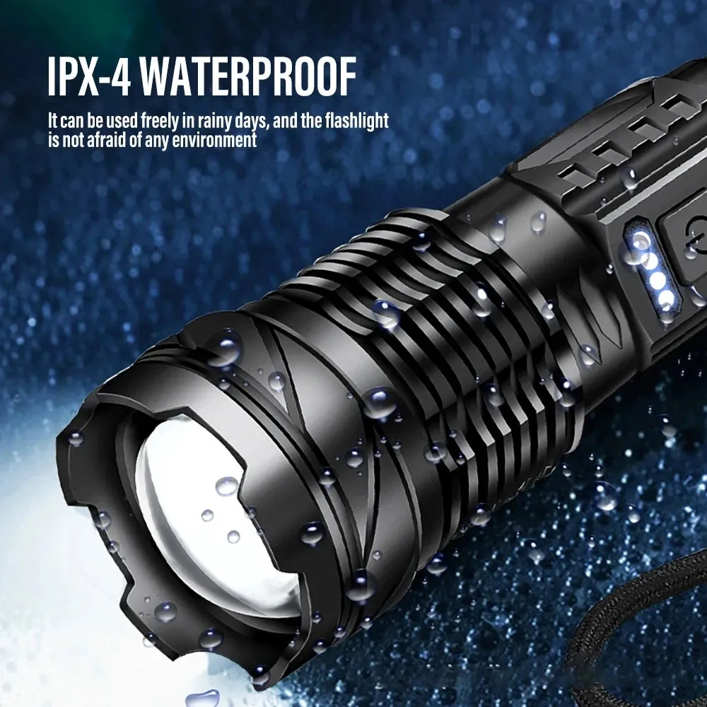 Powerful LED Flashlight with Side Light, XHP70 High Beam, 7 Modes, USB Rechargeable, Waterproof 18650 Torch for Camping and Fishing