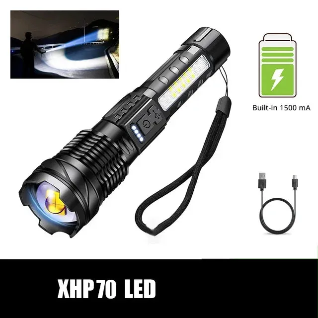 Powerful LED Flashlight with Side Light, XHP70 High Beam, 7 Modes, USB Rechargeable, Waterproof 18650 Torch for Camping and Fishing