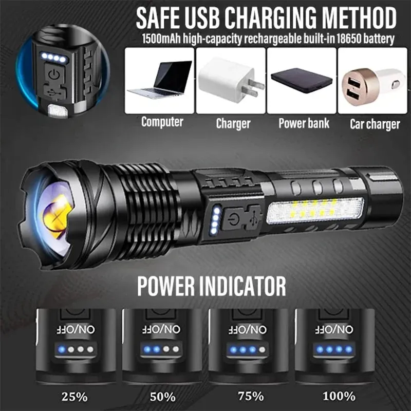 Powerful LED Flashlight with Side Light, XHP70 High Beam, 7 Modes, USB Rechargeable, Waterproof 18650 Torch for Camping and Fishing