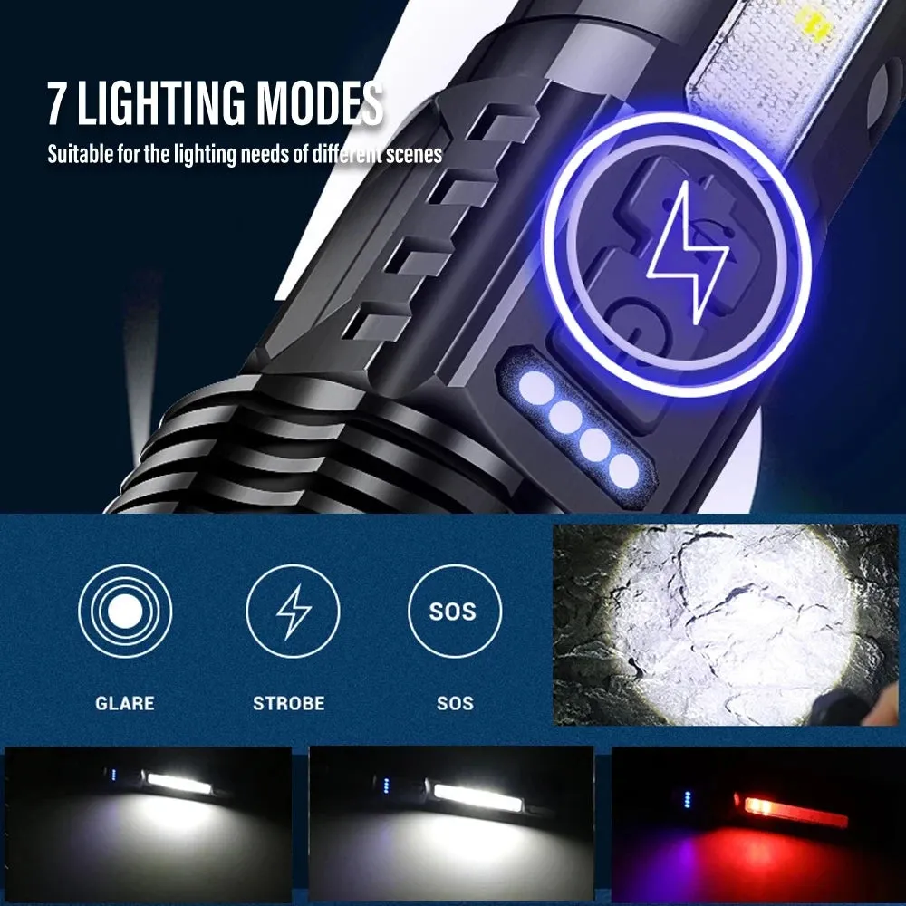 Powerful LED Flashlight with Side Light, XHP70 High Beam, 7 Modes, USB Rechargeable, Waterproof 18650 Torch for Camping and Fishing