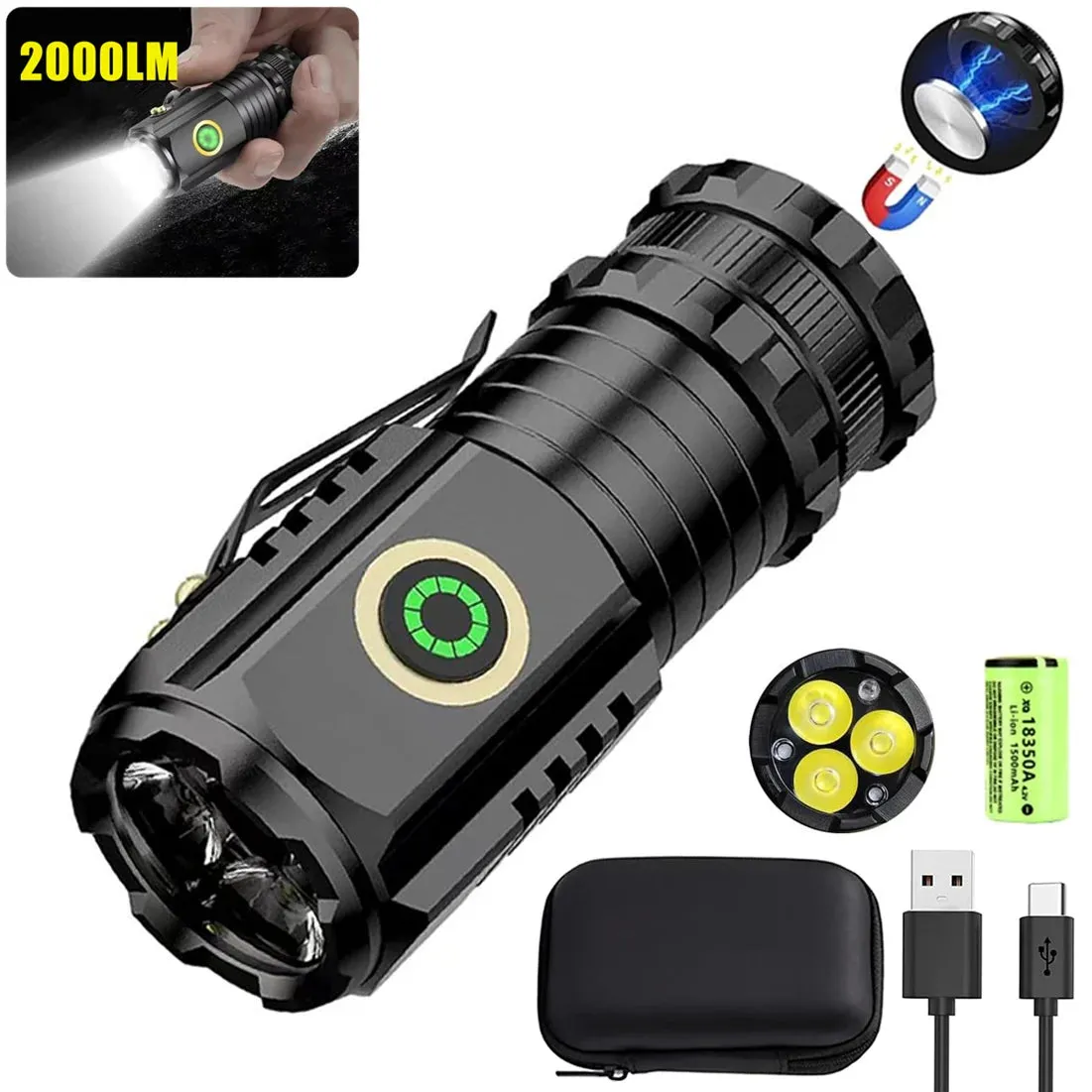 Powerful Mini LED Flashlight 2000 Lumens Rechargeable Waterproof Pocket Torch with Magnet for Hiking and Camping