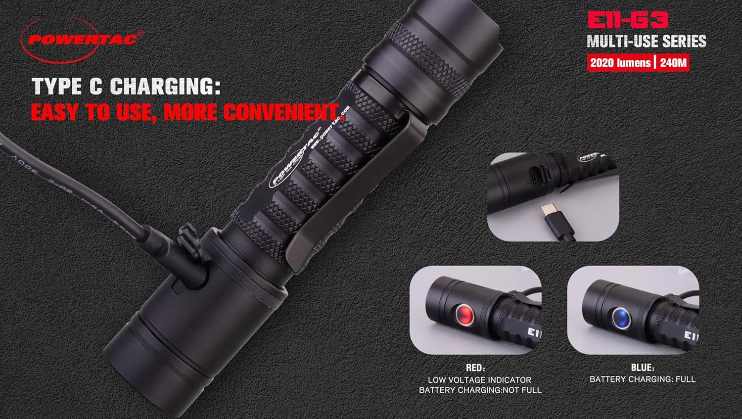 PowerTac E11-G3 2020 Lumen Rechargeable Flashlight, Type-C Charging, IPX8 Waterproof, 6 Modes, Reversible Steel Pocket Clip, Auto Memorization, 2020 Lumens, EDC LED Flashlights for Everyday Carry