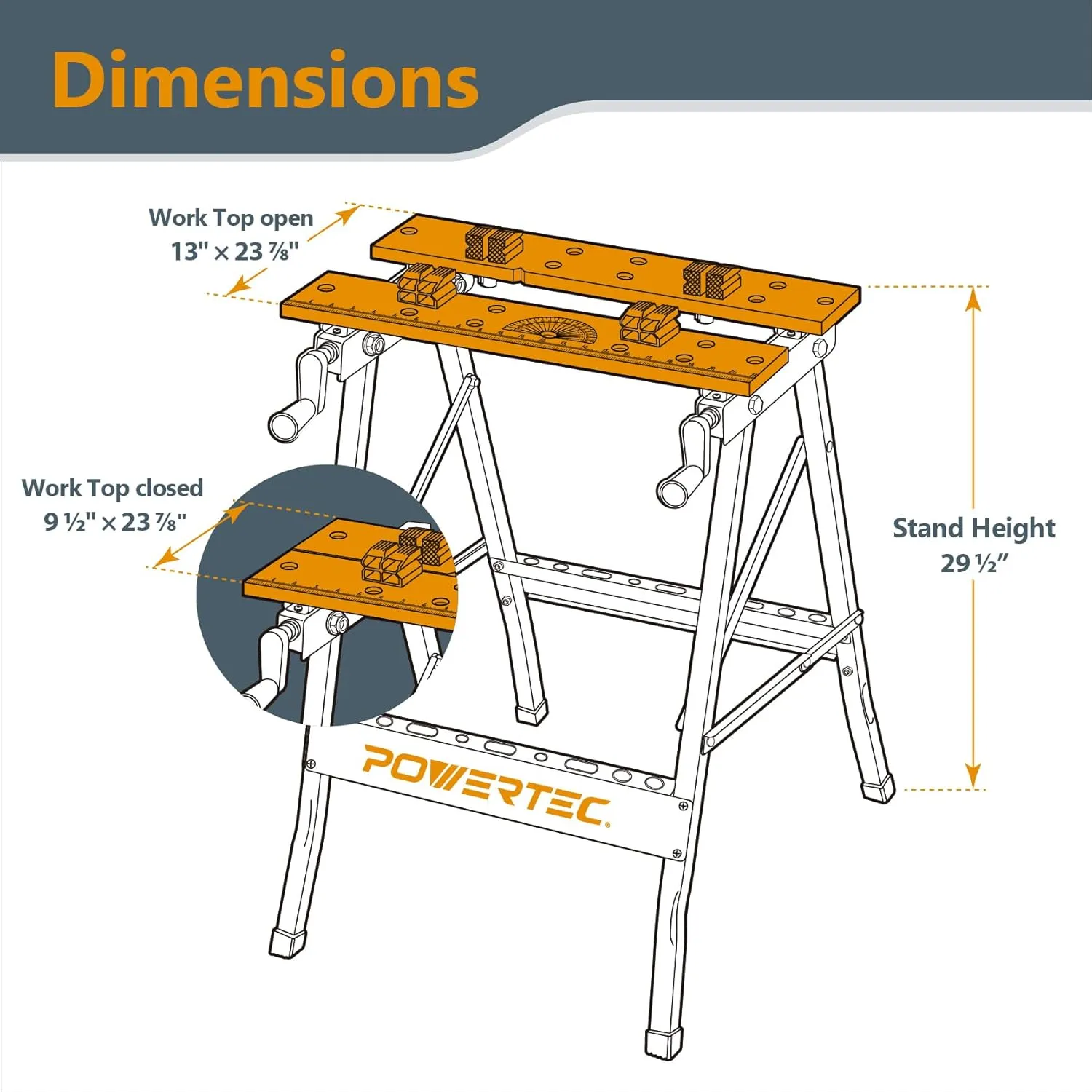 POWERTEC Portable Small Workbench with Vise, Imprinted Ruler and Protractor Scale, Folding Sawhorse/Worktable and 4 Bench Dogs for Woodworking Projects (MT4006V)