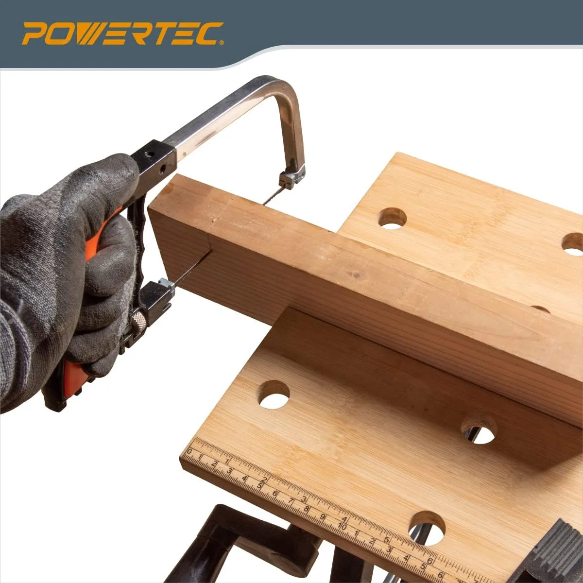 POWERTEC Portable Small Workbench with Vise, Imprinted Ruler and Protractor Scale, Folding Sawhorse/Worktable and 4 Bench Dogs for Woodworking Projects (MT4006V)