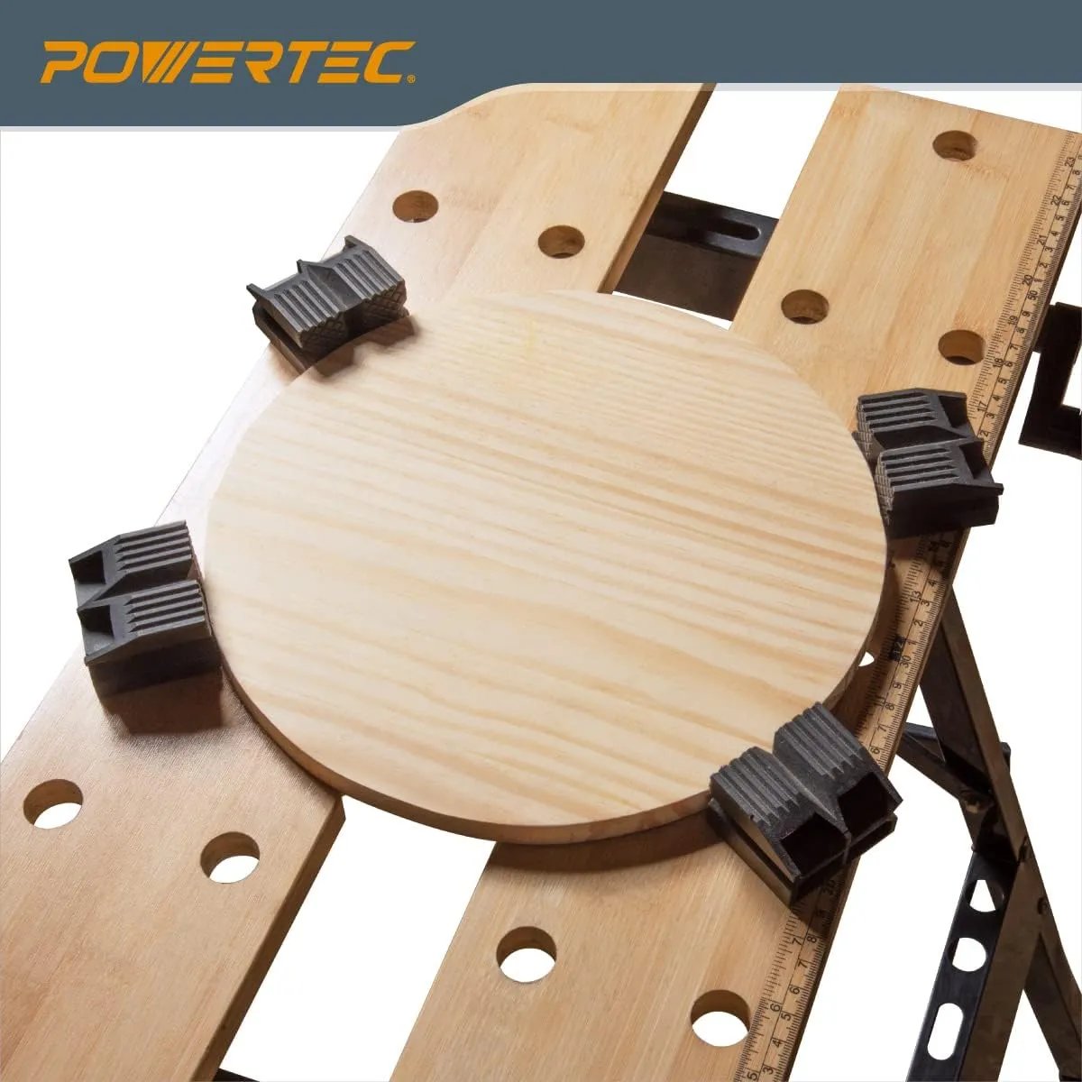 POWERTEC Portable Small Workbench with Vise, Imprinted Ruler and Protractor Scale, Folding Sawhorse/Worktable and 4 Bench Dogs for Woodworking Projects (MT4006V)