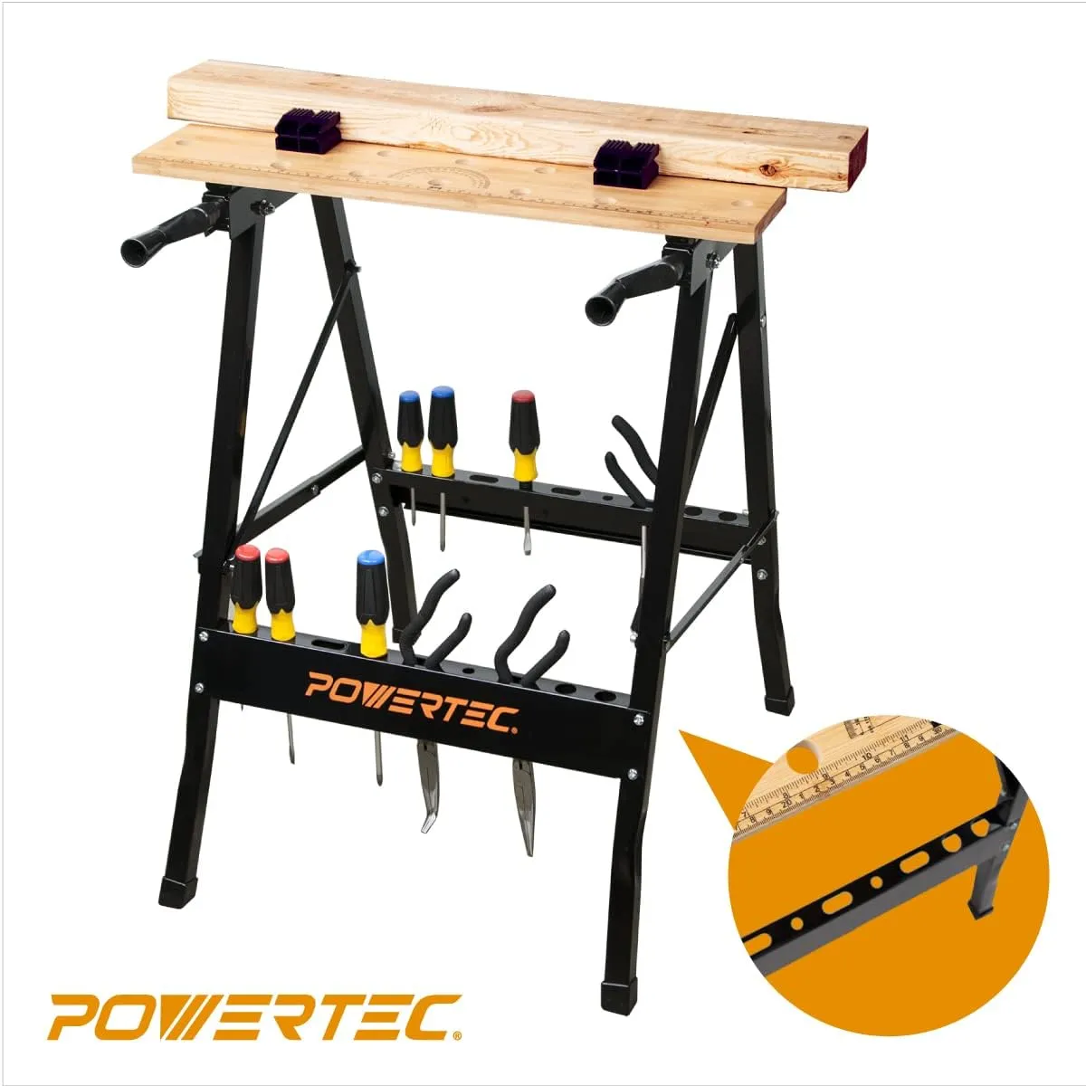 POWERTEC Portable Small Workbench with Vise, Imprinted Ruler and Protractor Scale, Folding Sawhorse/Worktable and 4 Bench Dogs for Woodworking Projects (MT4006V)