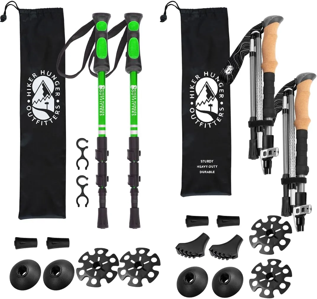 Premium Kids Trekking Poles & Foldable Hiking Poles by USA Brand – Ultra Strong and Lightweight – Green Aluminum Trekking Poles for Kids & Gray Premium Foldable Hiking Set with Real Cork Grips