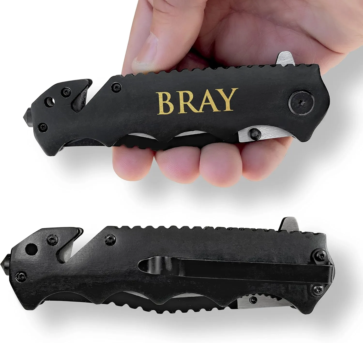 Premium Personalized Knife With Glass Breaker, Seat Belt Cutter Knife, Survival Tactical Knife, Black Finished Handle Personalized Knife